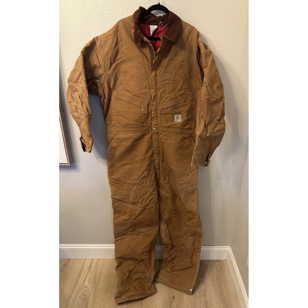 Vtg Carhartt X01 BRN Coveralls Men 54 T Duck Quilted Red Line Union Made USA 90s